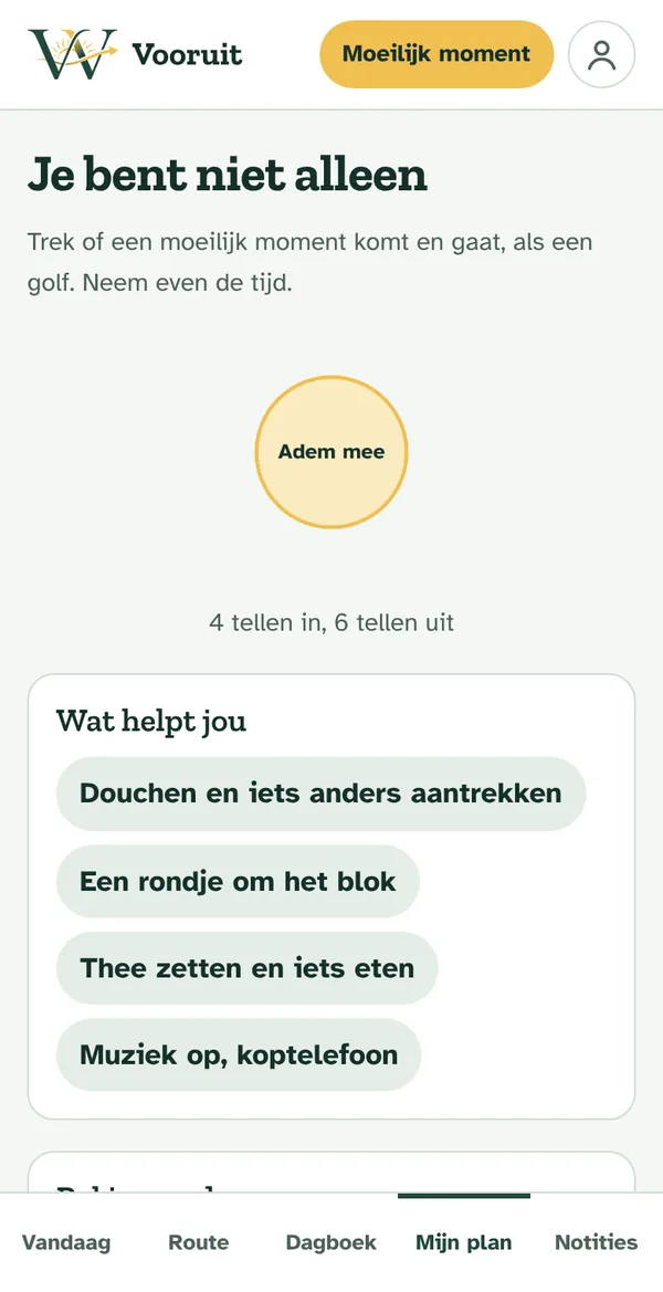 Scherm Mijn plan: Je bent niet alleen, een ademhalingscirkel en een lijst Wat helpt jou, zoals Een rondje om het blok.
