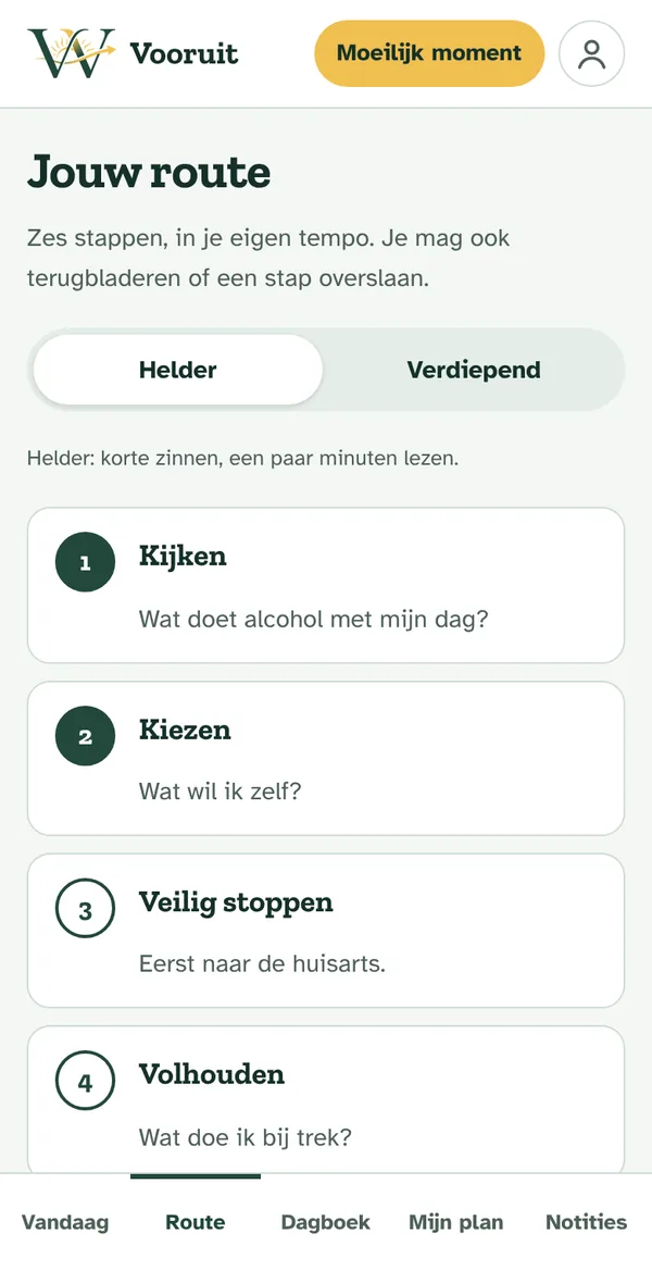 Scherm Jouw route: zes stappen, zoals Kijken, Kiezen en Veilig stoppen, te lezen als Helder of Verdiepend.